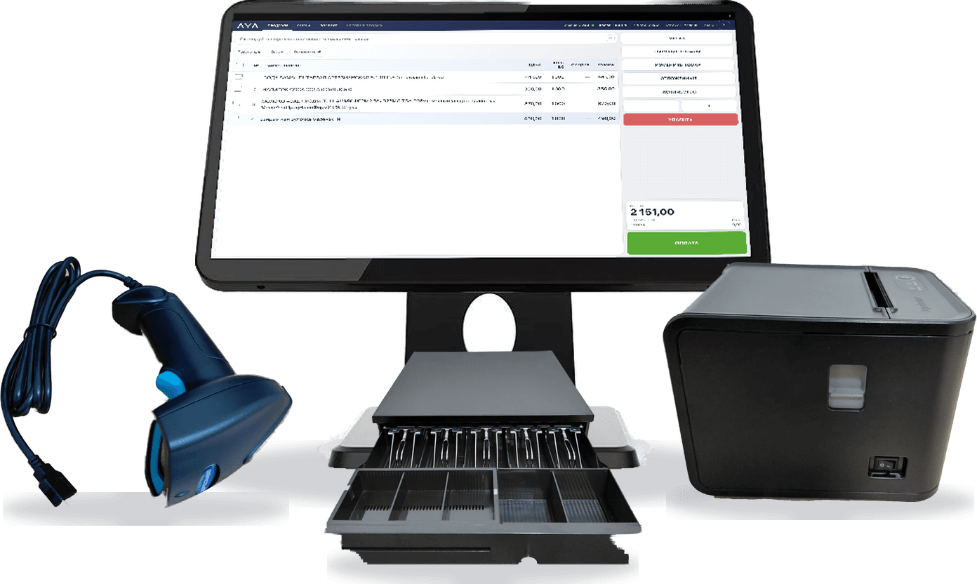 Standard bundle: POS all-in-one, barcode scanner, receipt printer and cash drawer